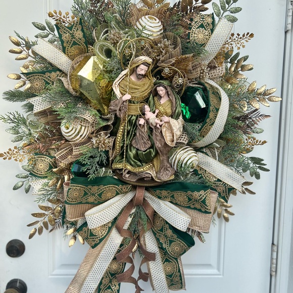 Other - Large 30” Handmade Elegant Holy Family Green and Gold Holiday Wreath